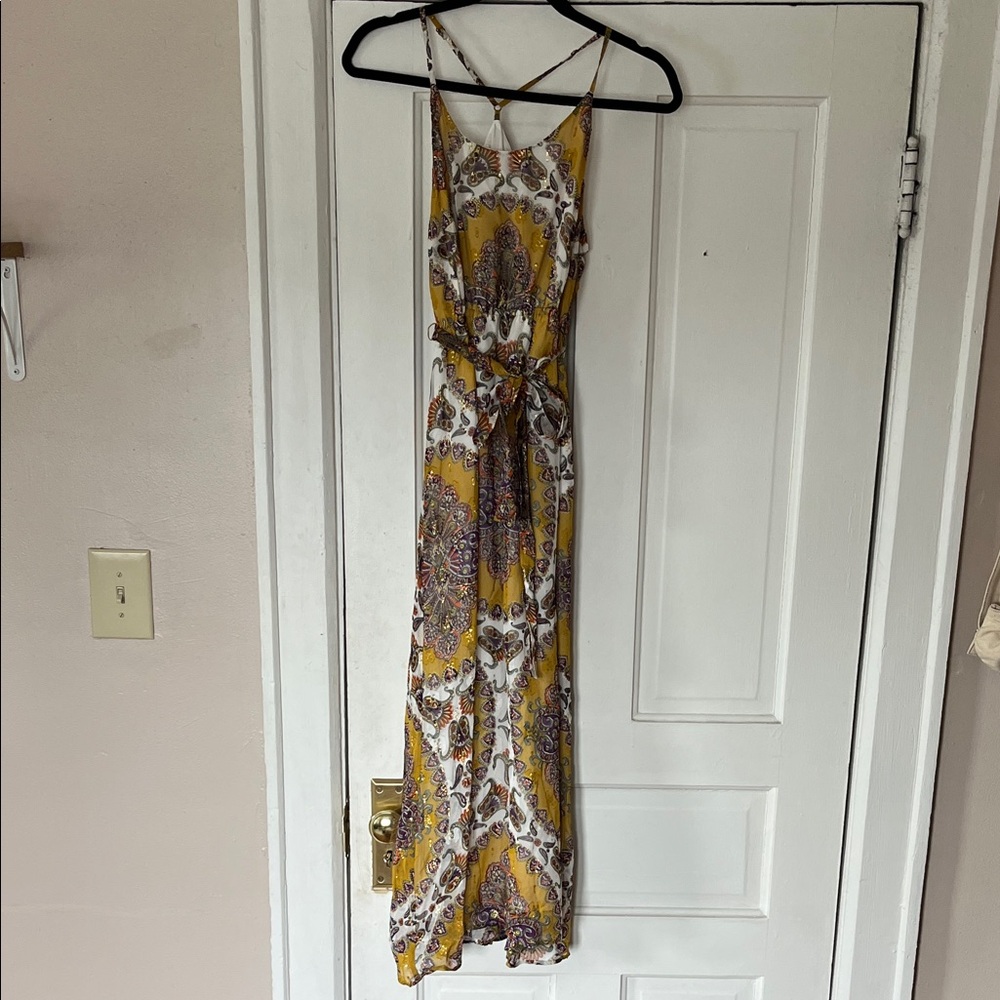 Anthropologie Yellow Paisley Maxi Dress with Tie Waist